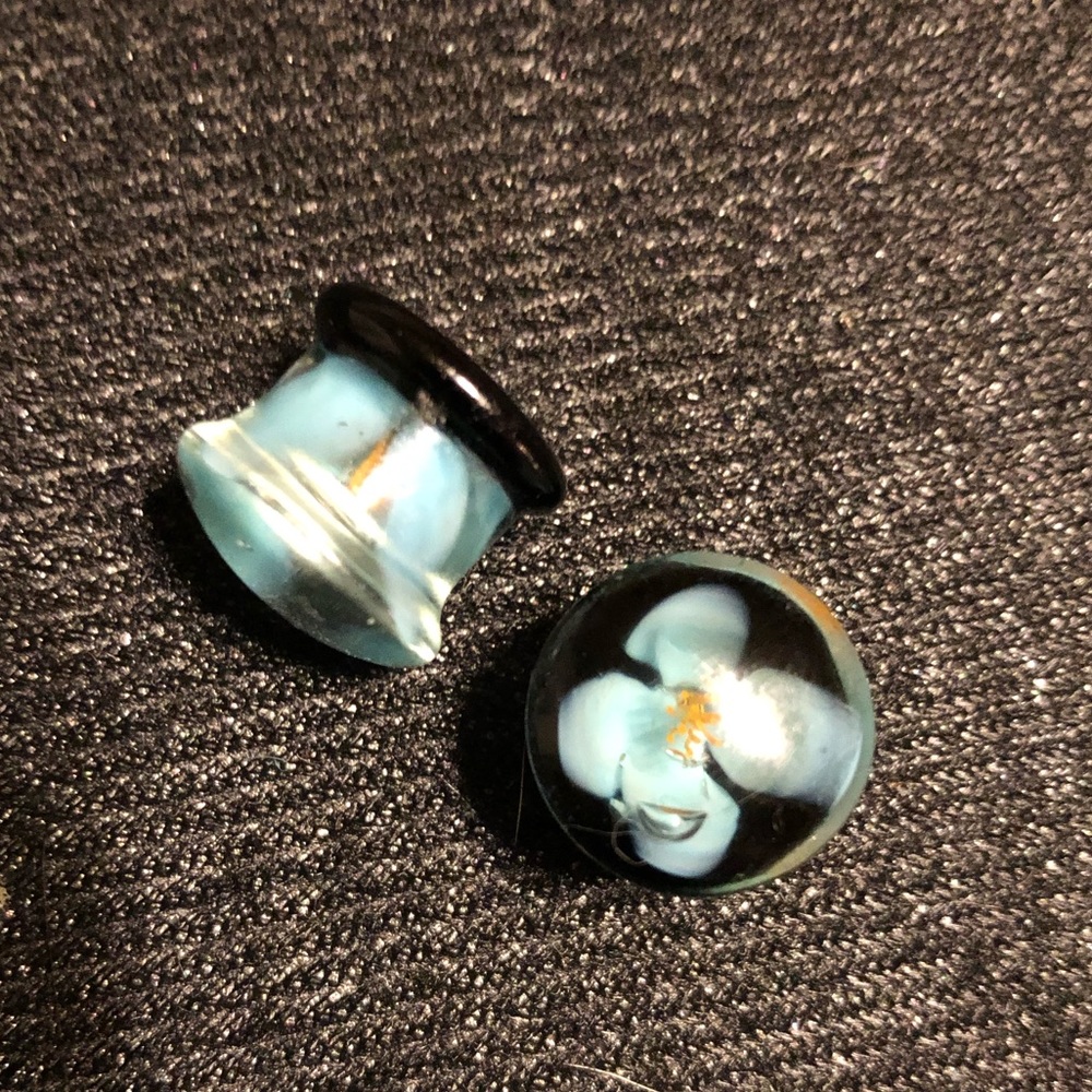Glass Blue Flower Ear Plugs Tunnels Gauges